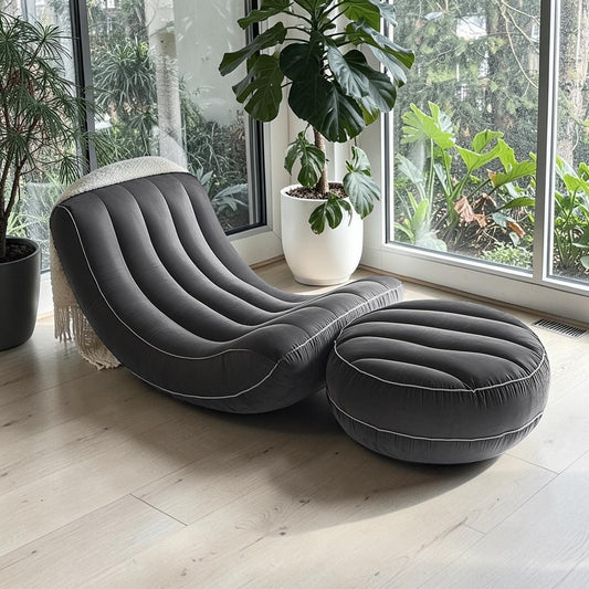 Wipor Inflatable Recliner Chair and Footrest Set - S-Shaped Ergonomic Lounge Chair - Waterproof Flocked Surface for Indoor & Outdoor - Charcoal Grey